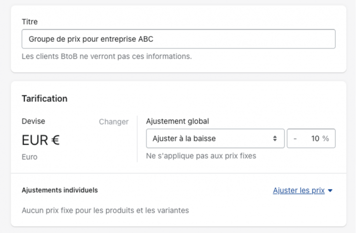 Groupe de prix Shopify